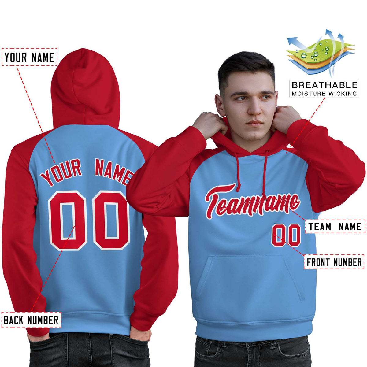 Custom Stitched Powder Blue Red Raglan Sleeves Sports Pullover Sweatshirt Hoodie For Men| KXKSHOP