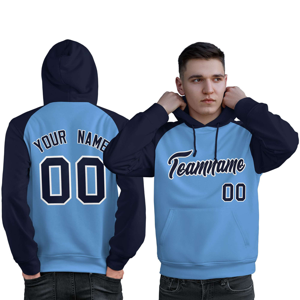 Custom Stitched Powder Blue Navy Raglan Sleeves Sports Pullover Sweatshirt Hoodie For Men| KXKSHOP