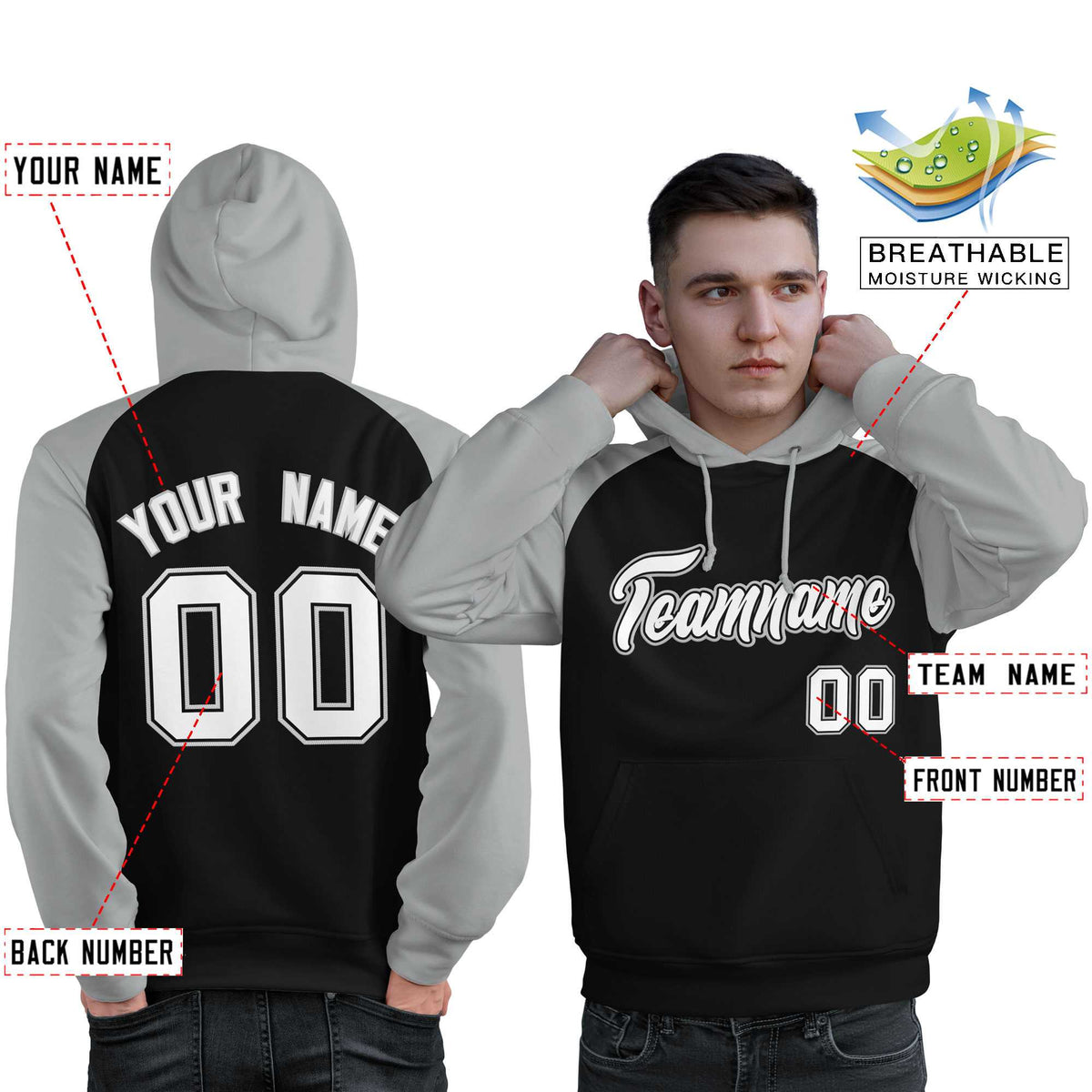 Custom Stitched Black Gray-White Raglan Sleeves Sports Pullover Sweatshirt Hoodie For Men| KXKSHOP
