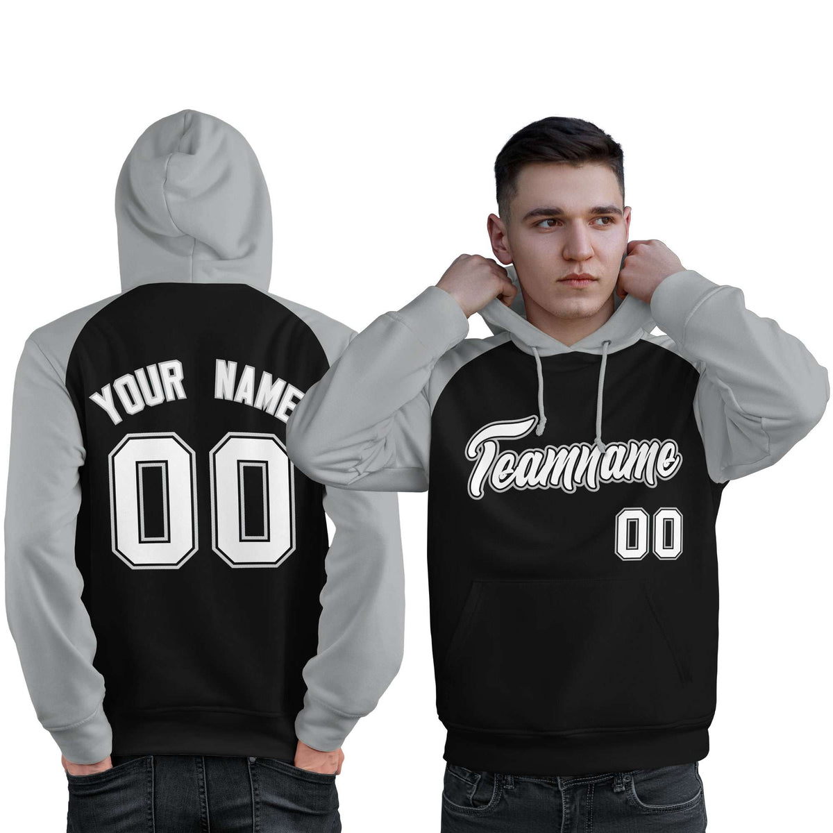 Custom Stitched Black Gray-White Raglan Sleeves Sports Pullover Sweatshirt Hoodie For Men| KXKSHOP
