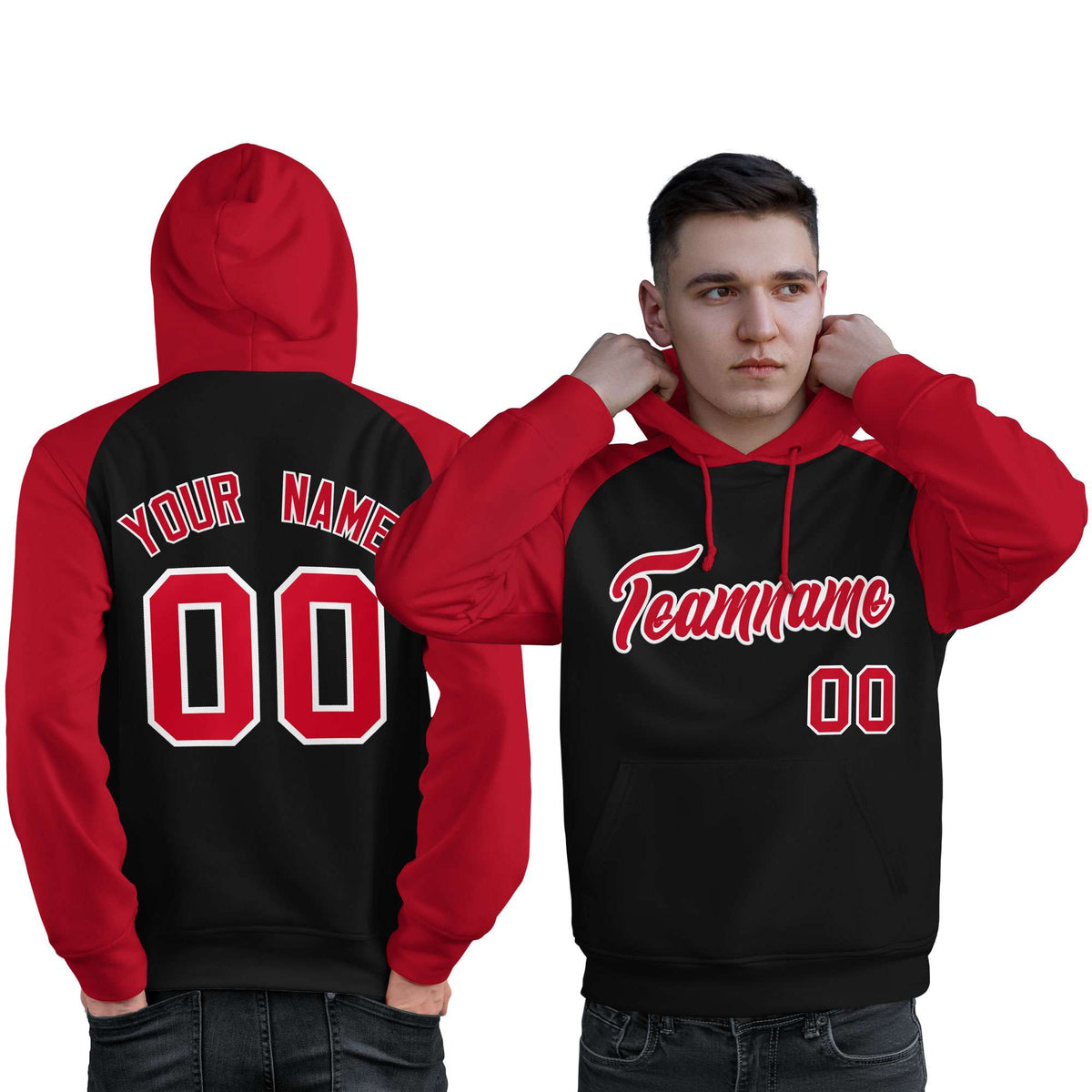 Custom Stitched Black Red Raglan Sleeves Sports Pullover Sweatshirt Hoodie For Men| KXKSHOP