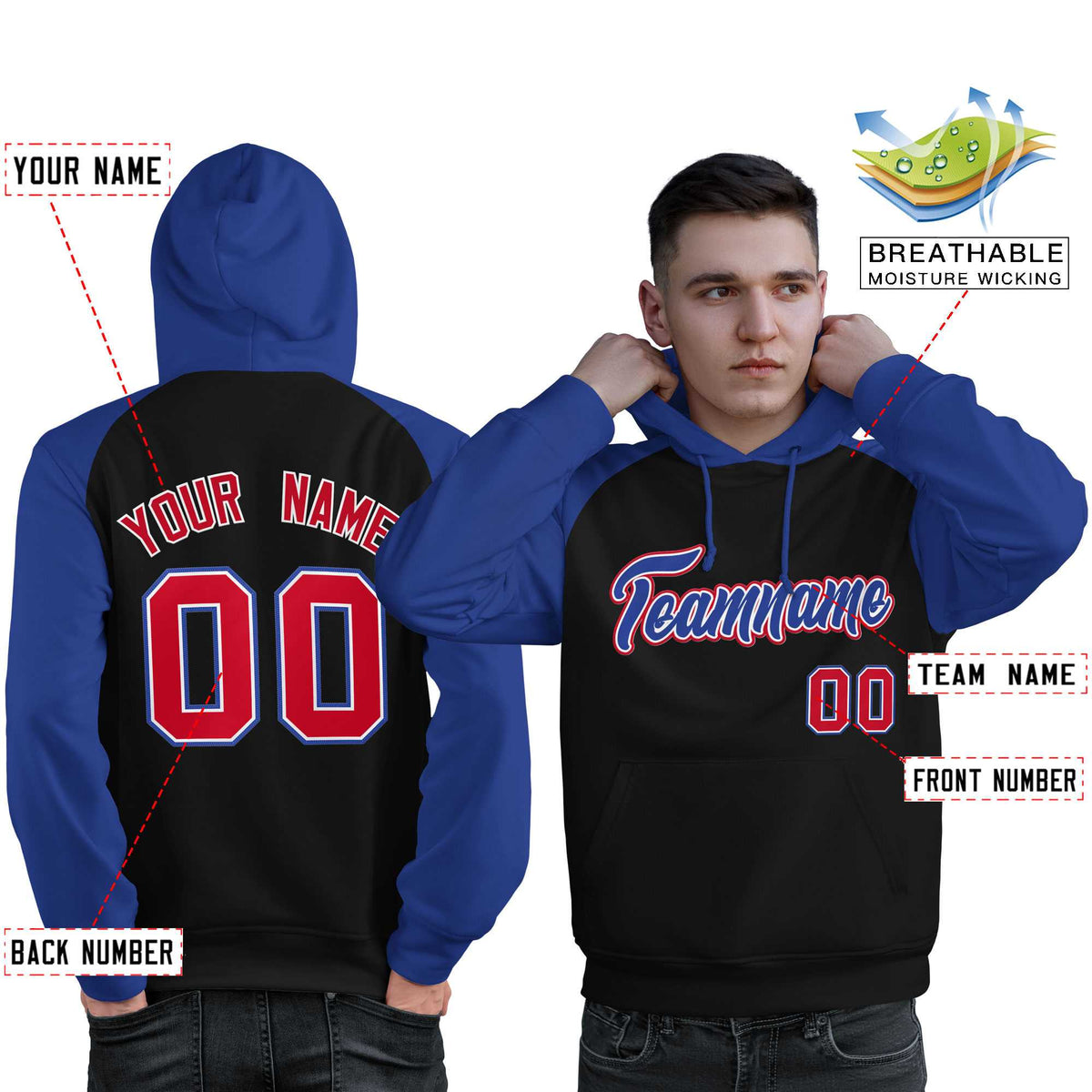 Custom Stitched Black Royal Raglan Sleeves Sports Pullover Sweatshirt Hoodie For Men| KXKSHOP