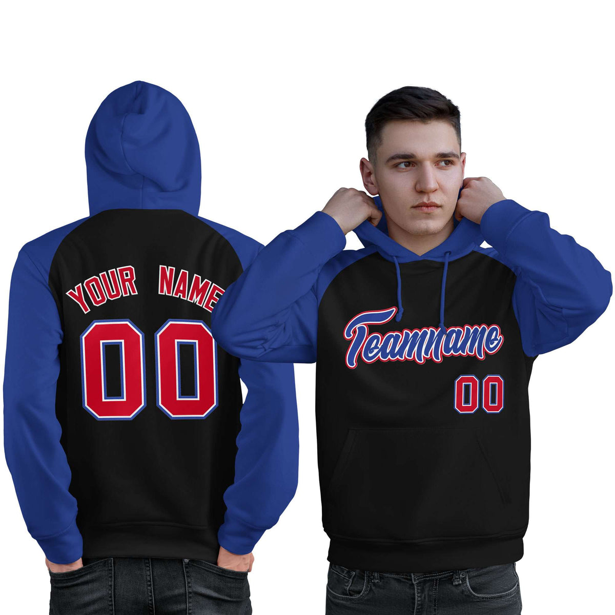 Custom Stitched Black Royal Raglan Sleeves Sports Pullover Sweatshirt Hoodie For Men| KXKSHOP