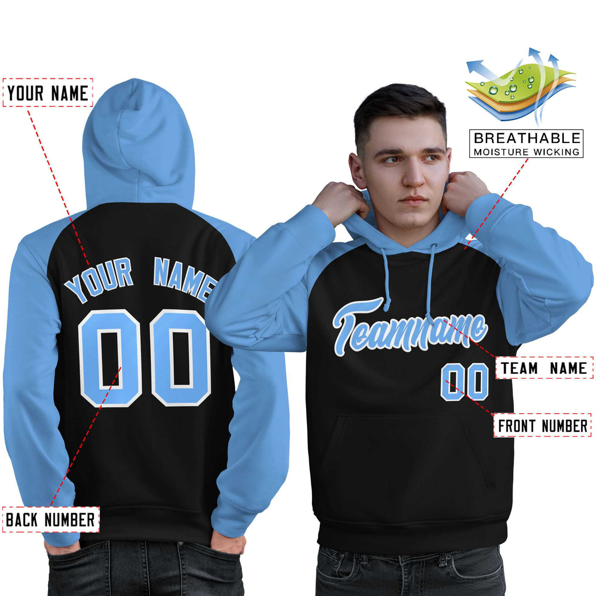 Custom Stitched Black Powder Blue Raglan Sleeves Sports Pullover Sweatshirt Hoodie For Men| KXKSHOP