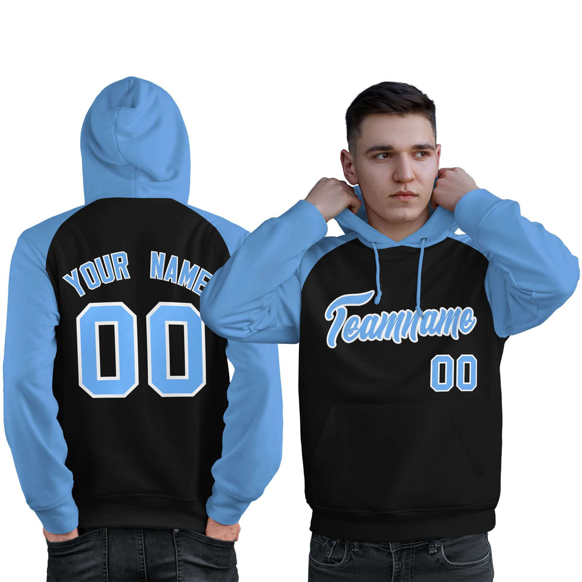 Custom Stitched Black Powder Blue Raglan Sleeves Sports Pullover Sweatshirt Hoodie For Men| KXKSHOP