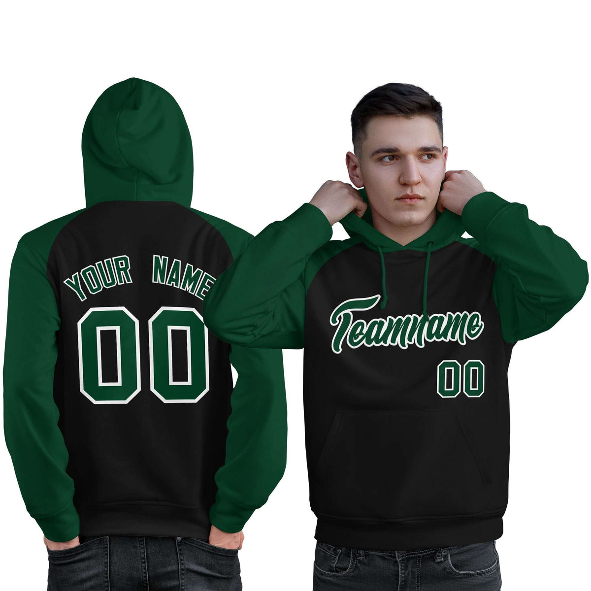 Custom Stitched Black Green Raglan Sleeves Sports Pullover Sweatshirt Hoodie For Men| KXKSHOP