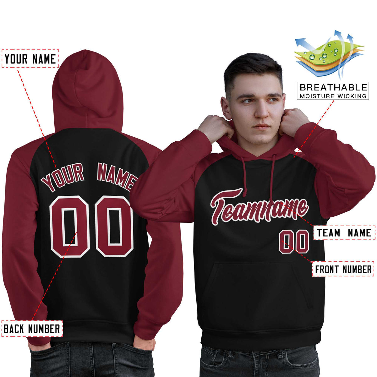 Custom Stitched Black Crimson Raglan Sleeves Sports Pullover Sweatshirt Hoodie For Men| KXKSHOP