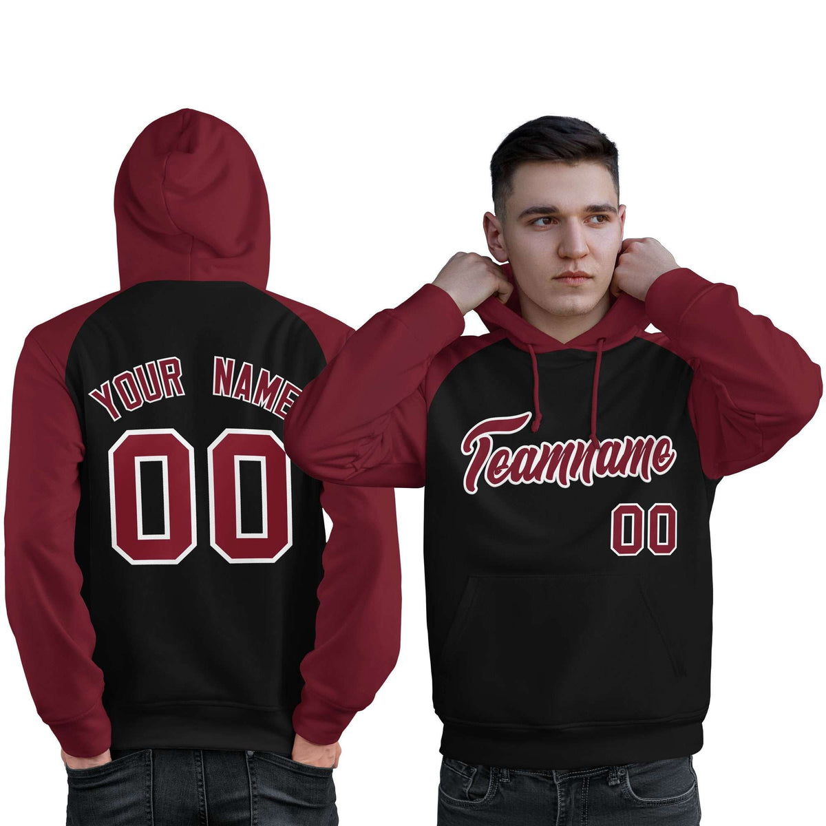 Custom Stitched Black Crimson Raglan Sleeves Sports Pullover Sweatshirt Hoodie For Men| KXKSHOP