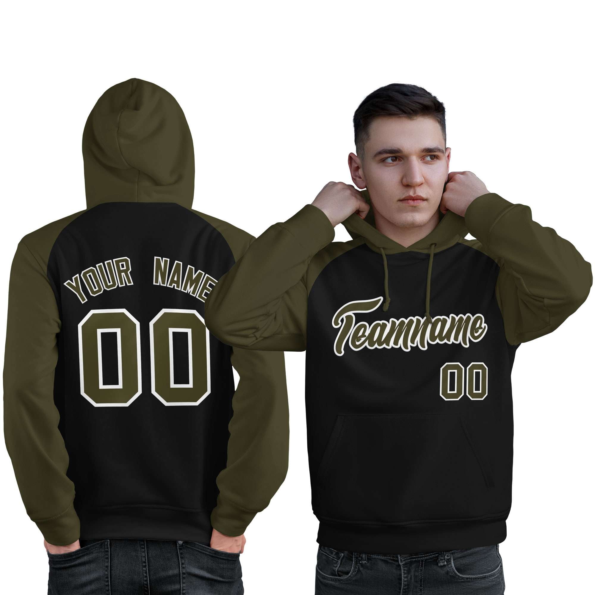 Custom Stitched Black Olive Raglan Sleeves Sports Pullover Sweatshirt Hoodie For Men| KXKSHOP
