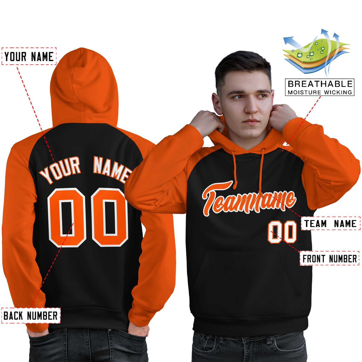 Custom Stitched Black Orange Raglan Sleeves Sports Pullover Sweatshirt Hoodie For Men| KXKSHOP