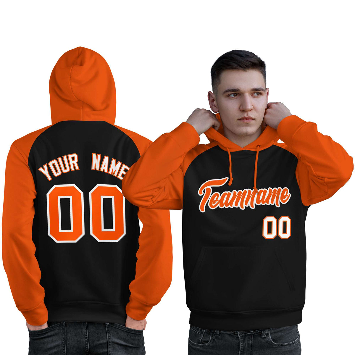 Custom Stitched Black Orange Raglan Sleeves Sports Pullover Sweatshirt Hoodie For Men| KXKSHOP