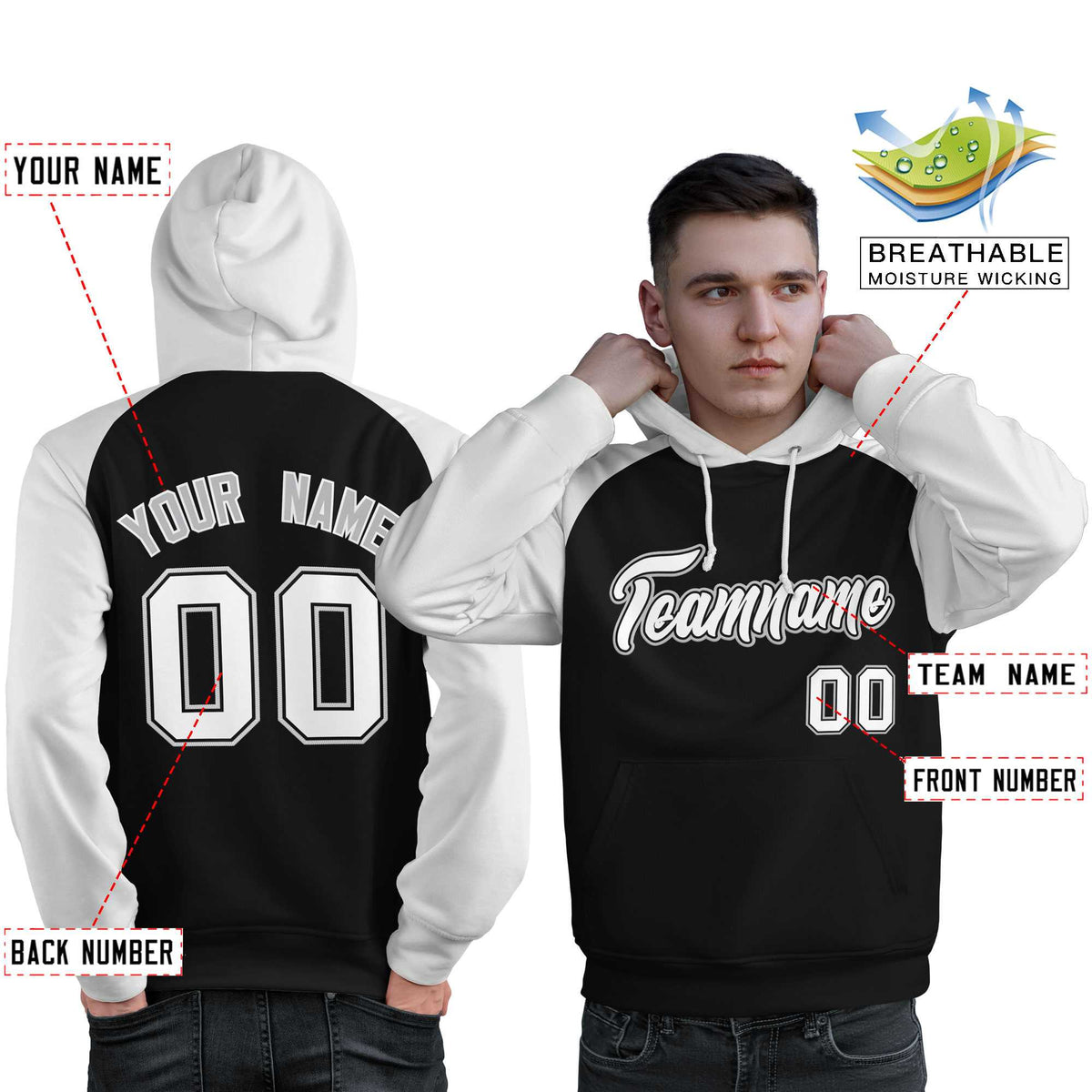 Custom Stitched Black White Raglan Sleeves Sports Pullover Sweatshirt Hoodie For Men| KXKSHOP