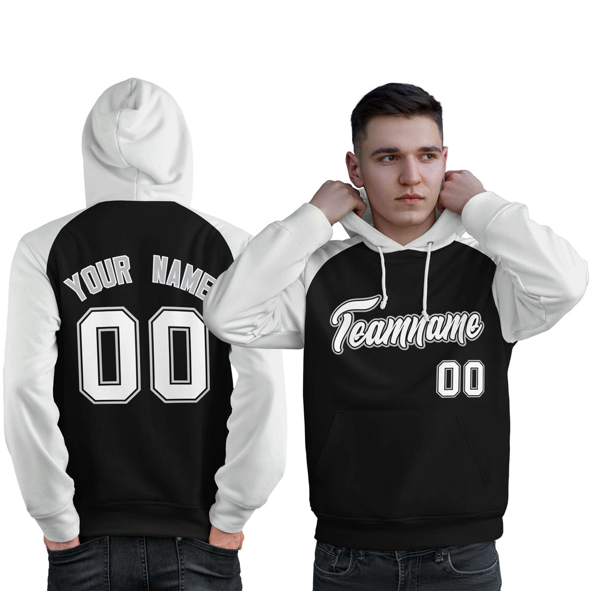 Custom Stitched Black White Raglan Sleeves Sports Pullover Sweatshirt Hoodie For Men| KXKSHOP