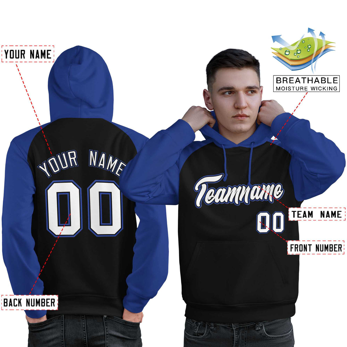 Custom Stitched Black Royal-White Raglan Sleeves Sports Pullover Sweatshirt Hoodie For Men| KXKSHOP