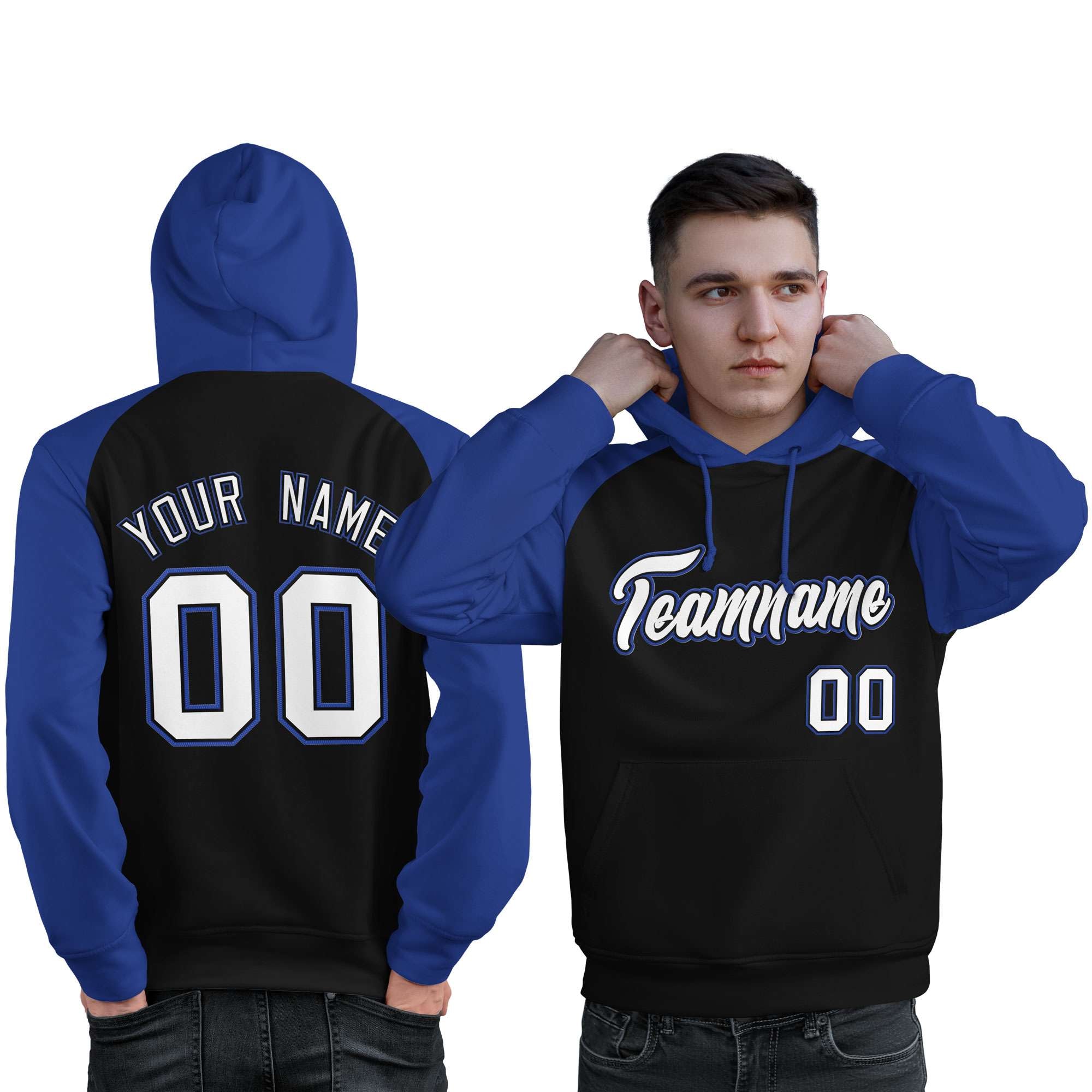 Custom Stitched Black Royal-White Raglan Sleeves Sports Pullover Sweatshirt Hoodie For Men| KXKSHOP