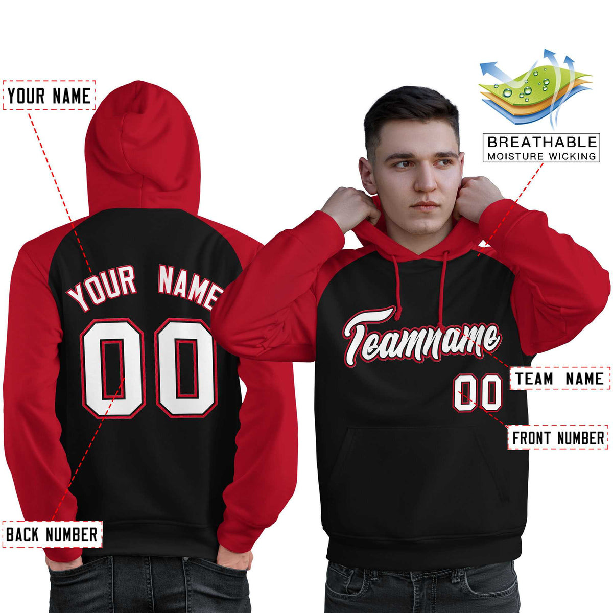 Custom Stitched Black Red-White Raglan Sleeves Sports Pullover Sweatshirt Hoodie For Men| KXKSHOP