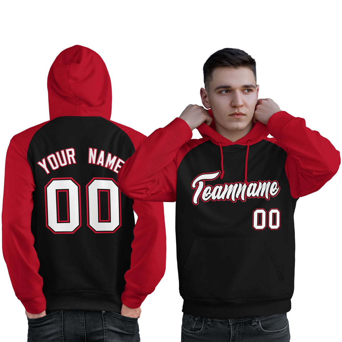 Custom Stitched Black Red-White Raglan Sleeves Sports Pullover Sweatshirt Hoodie For Men| KXKSHOP