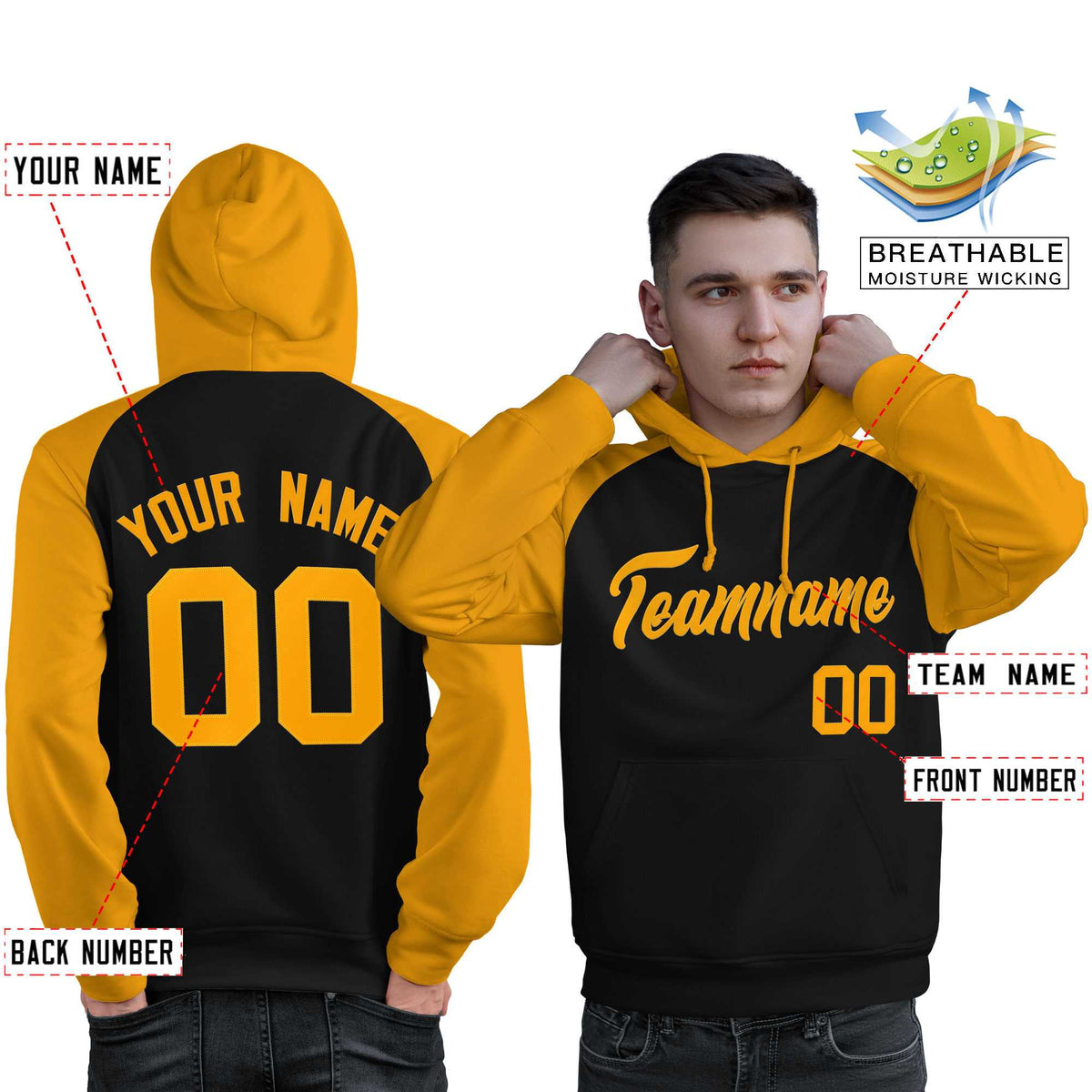 Custom Stitched Black Gold Raglan Sleeves Sports Pullover Sweatshirt Hoodie For Men| KXKSHOP