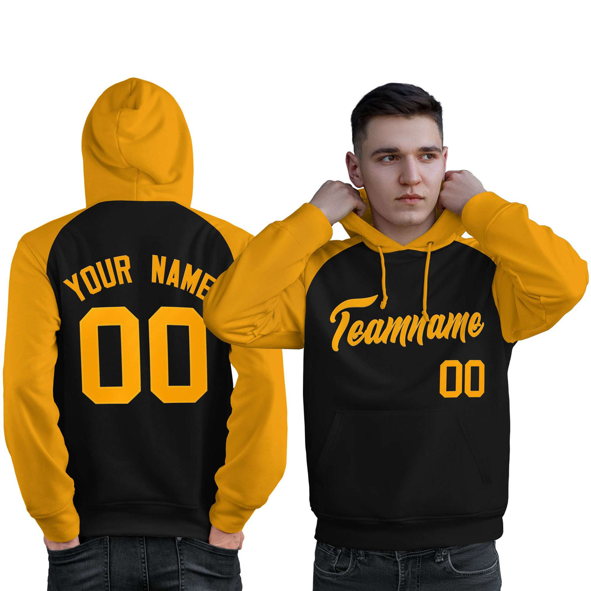 Custom Stitched Black Gold Raglan Sleeves Sports Pullover Sweatshirt Hoodie For Men| KXKSHOP