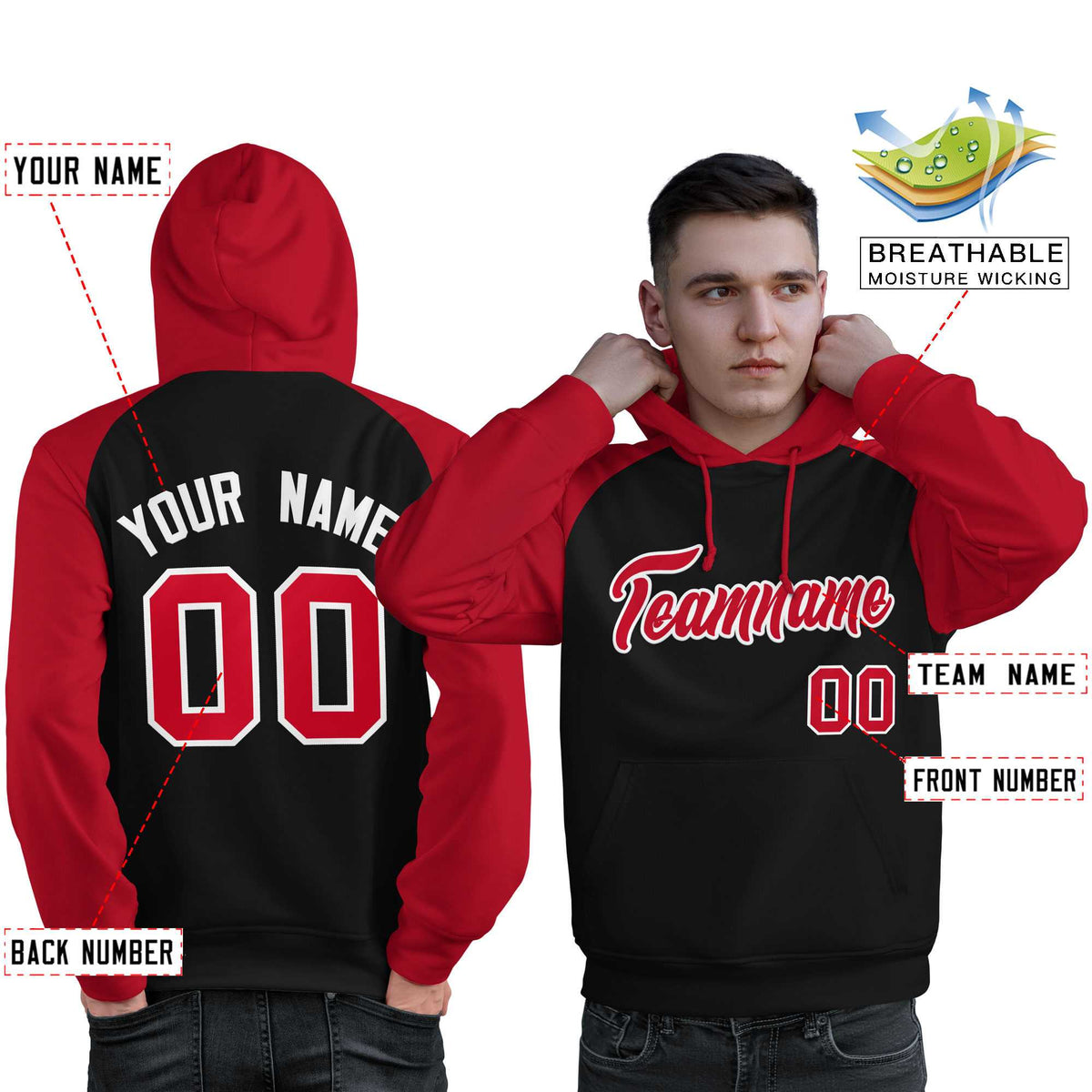 Custom Stitched Black Red Raglan Sleeves Sports Pullover Sweatshirt Hoodie For Men| KXKSHOP