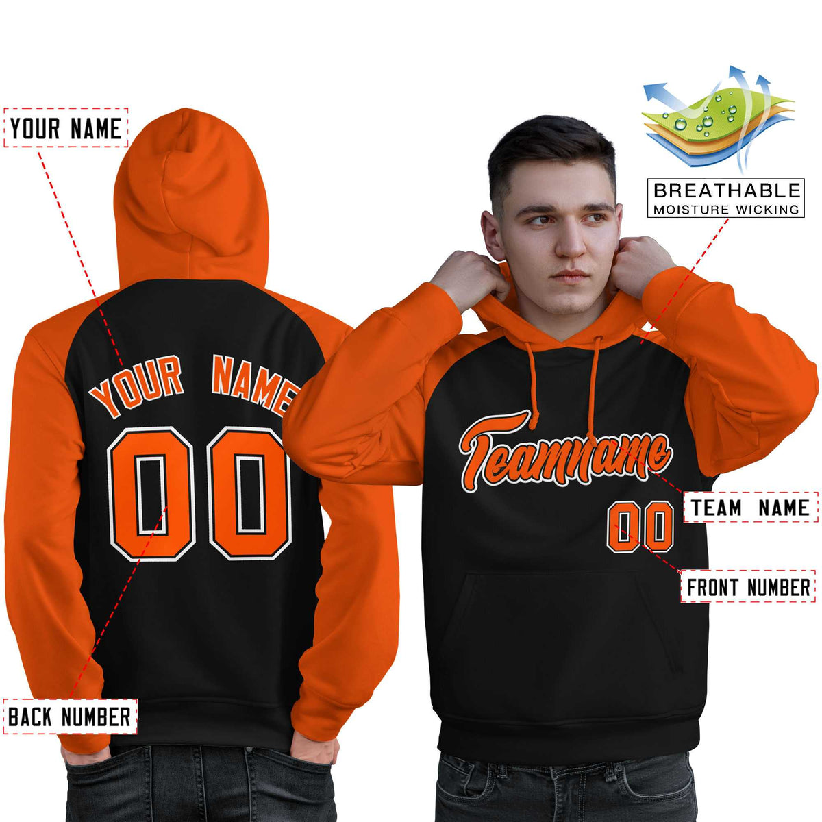 Custom Stitched Black Orange Raglan Sleeves Sports Pullover Sweatshirt Hoodie For Men| KXKSHOP