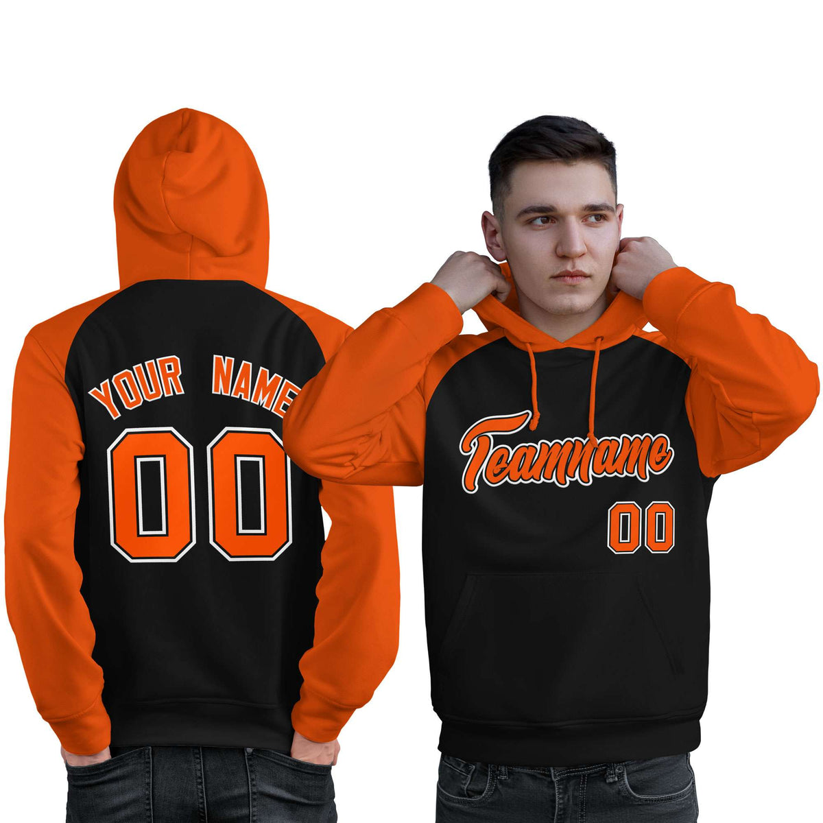 Custom Stitched Black Orange Raglan Sleeves Sports Pullover Sweatshirt Hoodie For Men| KXKSHOP