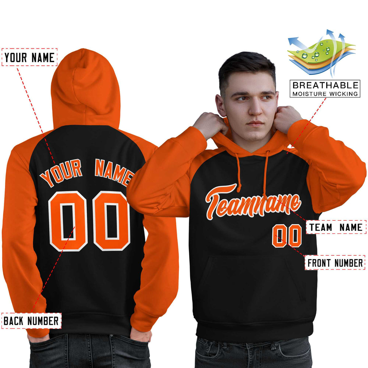 Custom Stitched Black Orange Raglan Sleeves Sports Pullover Sweatshirt Hoodie For Men| KXKSHOP