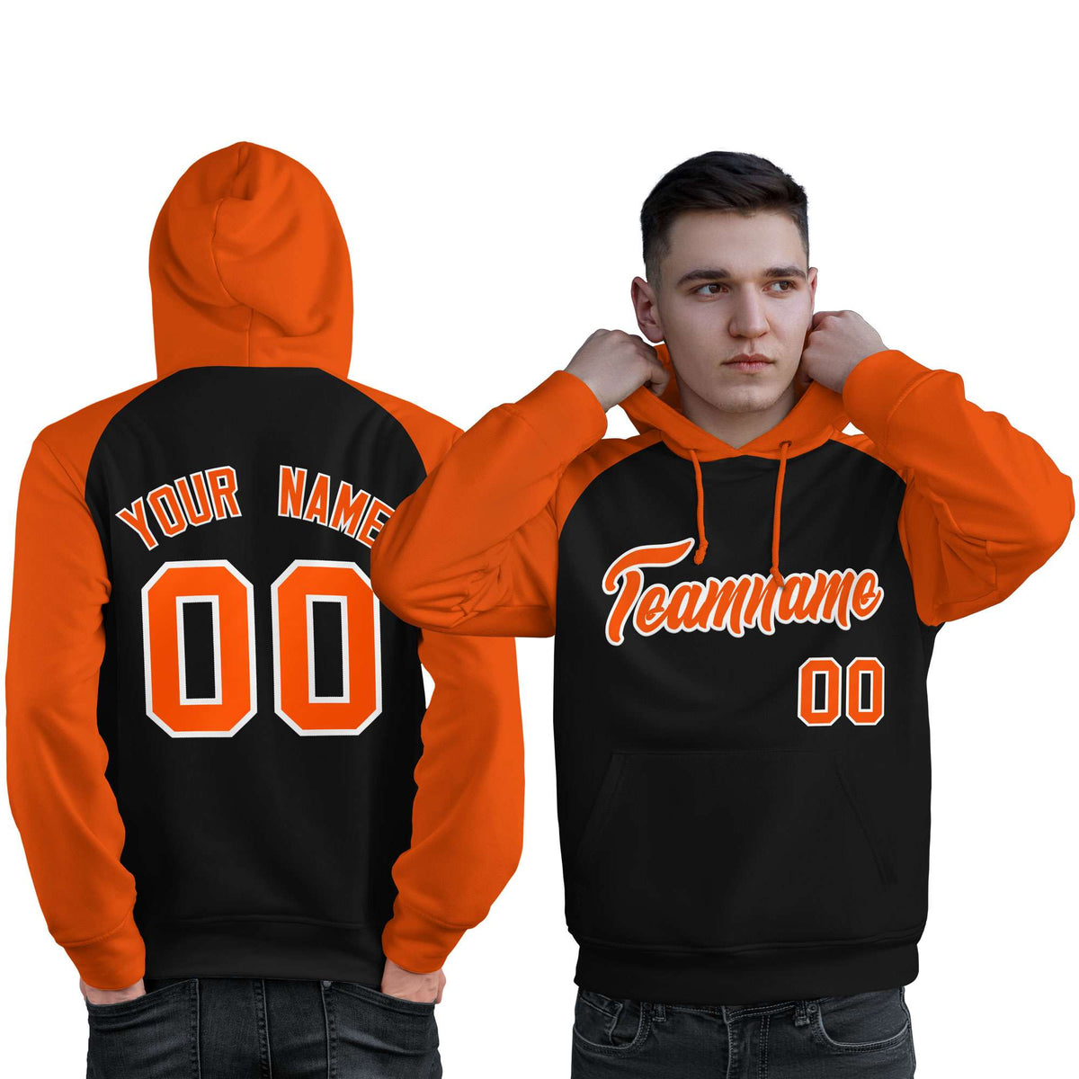 Custom Stitched Black Orange Raglan Sleeves Sports Pullover Sweatshirt Hoodie For Men| KXKSHOP