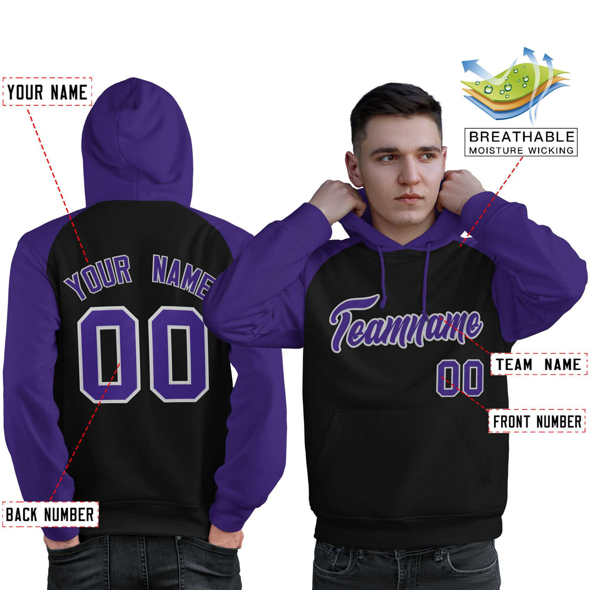 Custom Stitched Black Purple Raglan Sleeves Sports Pullover Sweatshirt Hoodie For Men| KXKSHOP