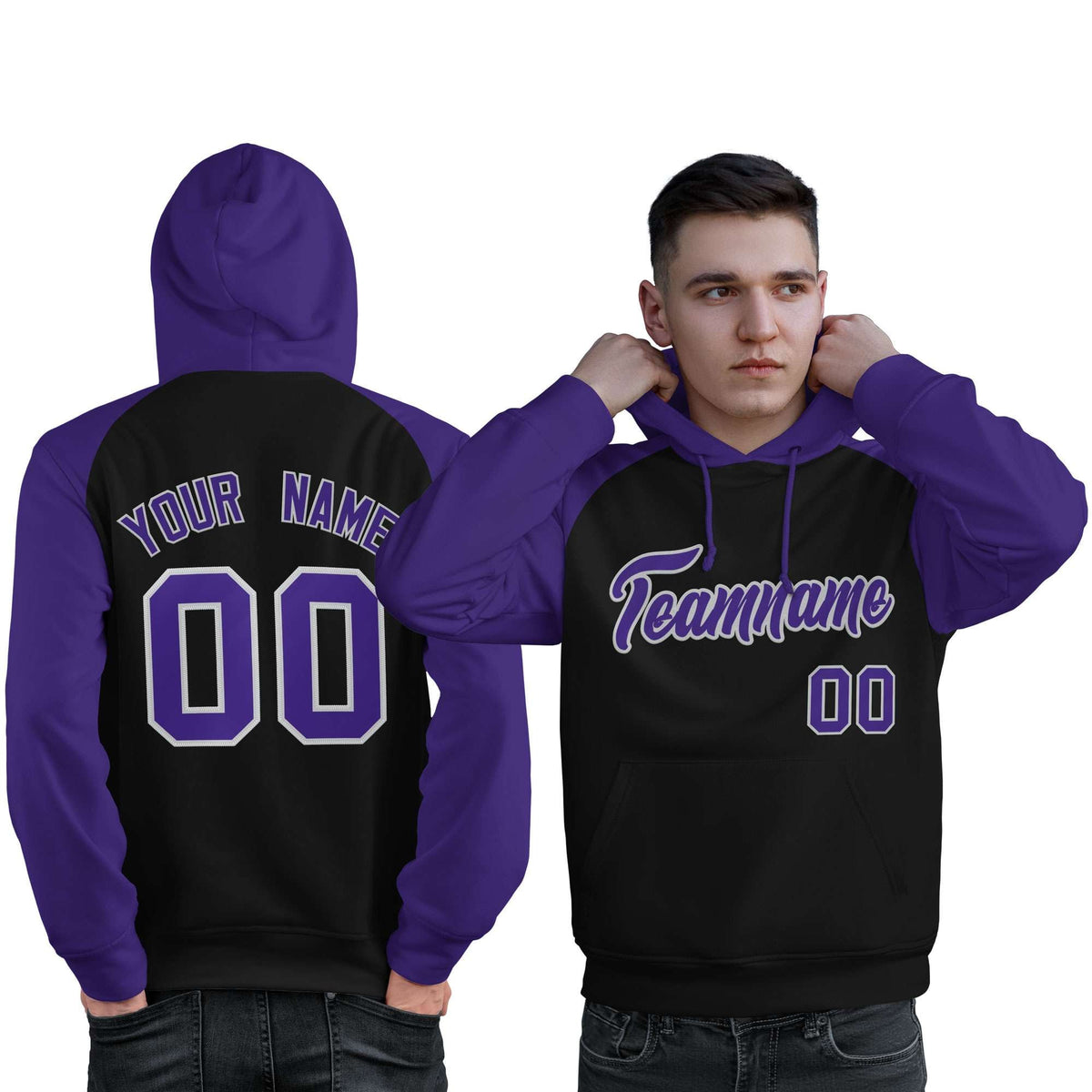 Custom Stitched Black Purple Raglan Sleeves Sports Pullover Sweatshirt Hoodie For Men| KXKSHOP