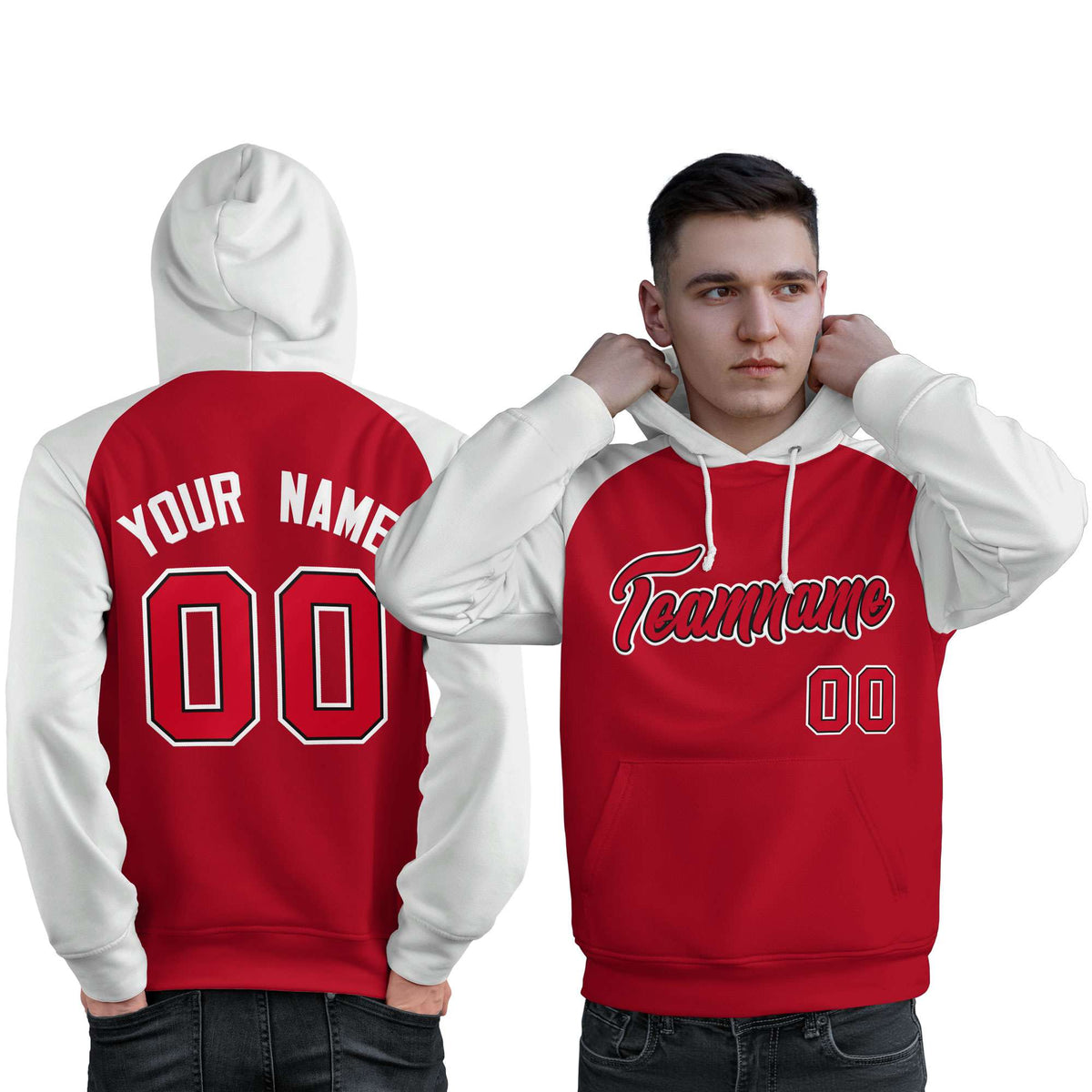 Custom Stitched Red White Raglan Sleeves Sports Pullover Sweatshirt Hoodie For Men| KXKSHOP