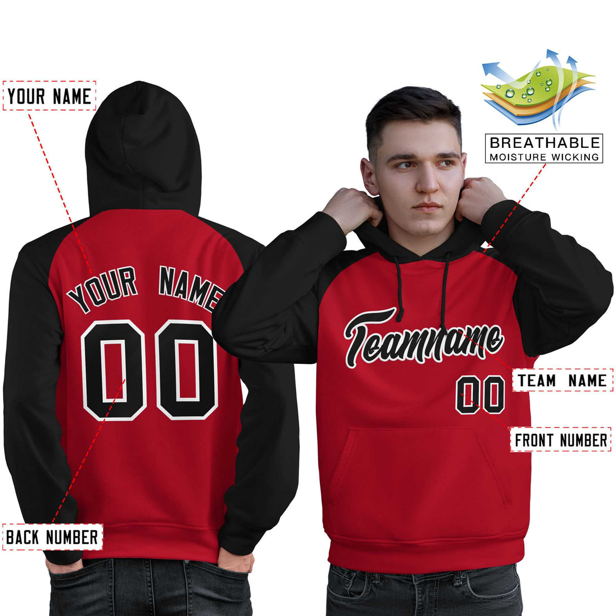 Custom Stitched Red Black Raglan Sleeves Sports Pullover Sweatshirt Hoodie For Men| KXKSHOP