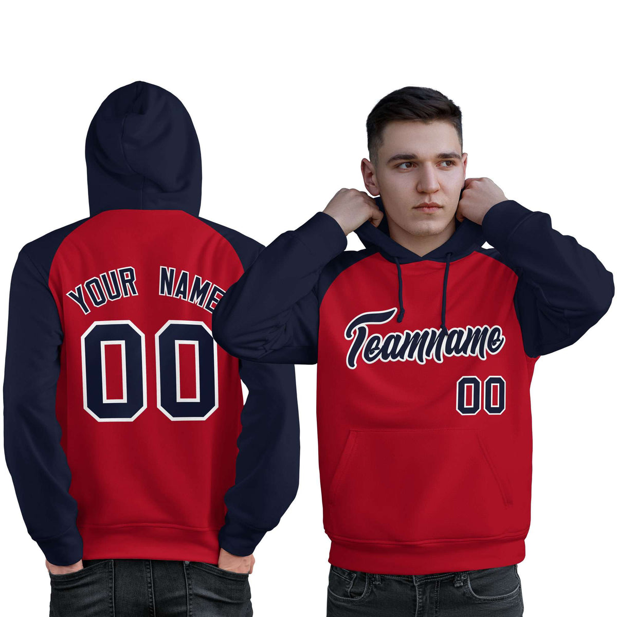 Custom Stitched Red Navy Raglan Sleeves Sports Pullover Sweatshirt Hoodie For Men| KXKSHOP