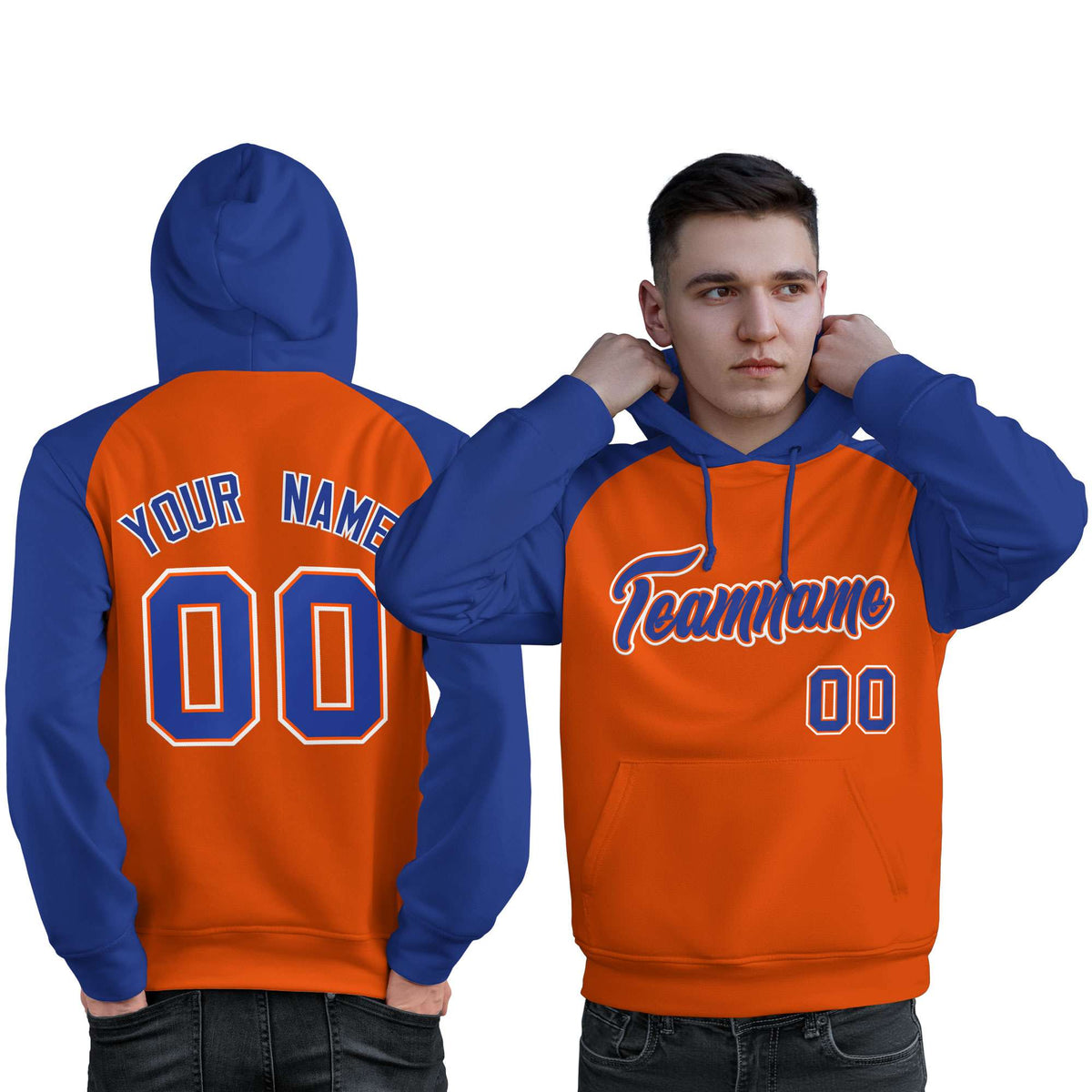 Custom Stitched Orange Royal Raglan Sleeves Sports Pullover Sweatshirt Hoodie For Men| KXKSHOP