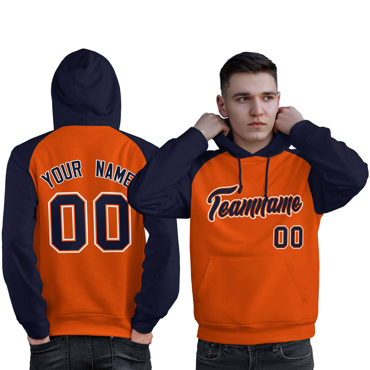 Custom Stitched Orange Navy Raglan Sleeves Sports Pullover Sweatshirt Hoodie For Men| KXKSHOP