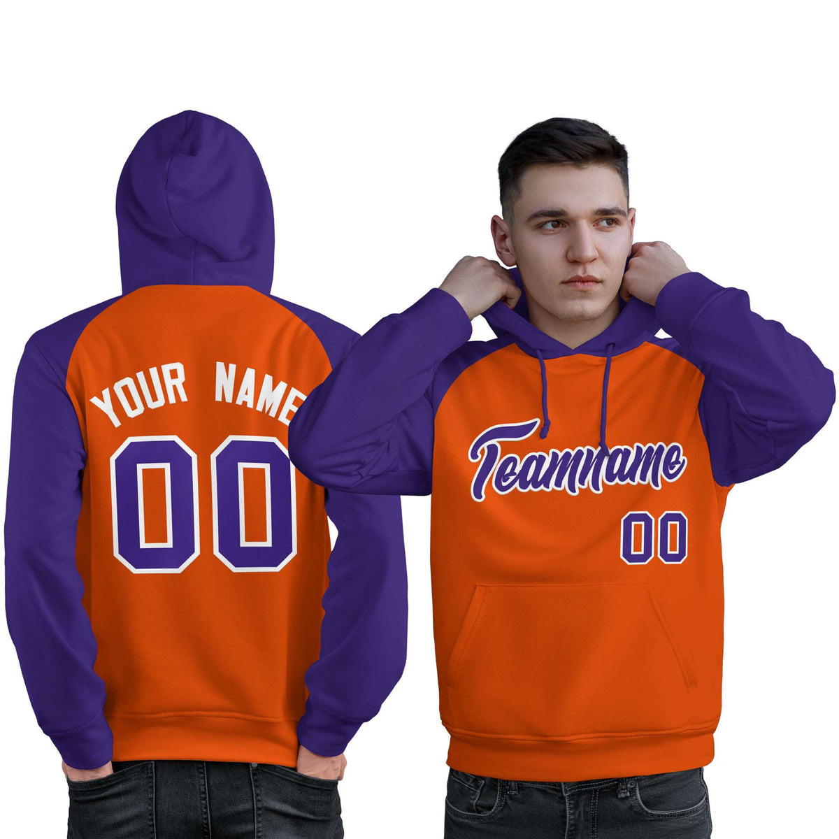 Custom Stitched Orange Purple Raglan Sleeves Sports Pullover Sweatshirt Hoodie For Men| KXKSHOP