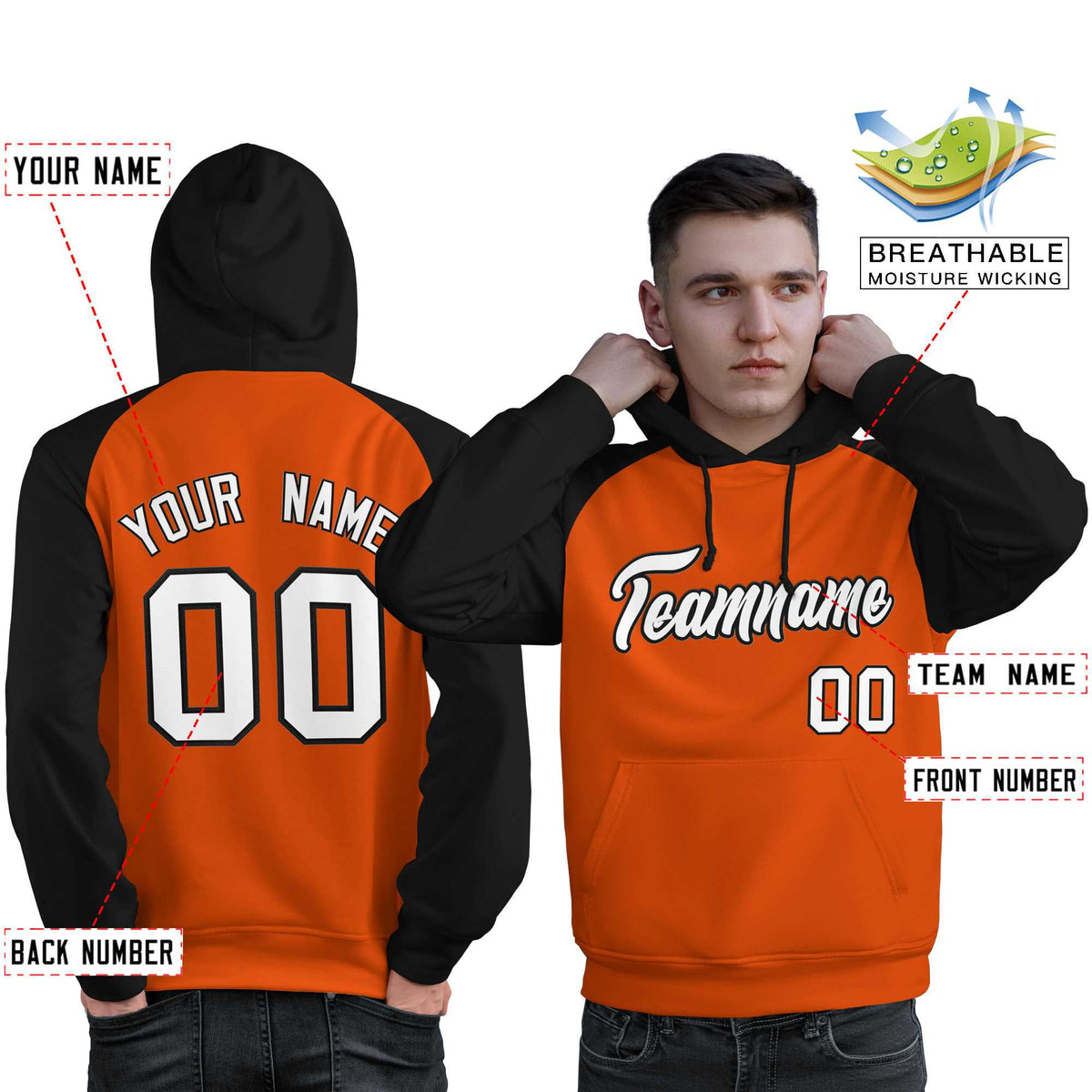 Custom Stitched Orange Black-White Raglan Sleeves Sports Pullover Sweatshirt Hoodie For Men| KXKSHOP