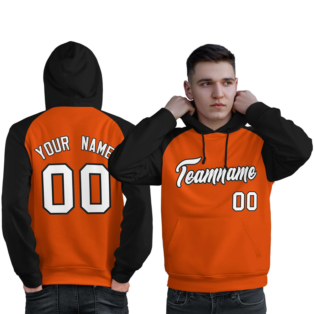 Custom Stitched Orange Black-White Raglan Sleeves Sports Pullover Sweatshirt Hoodie For Men| KXKSHOP