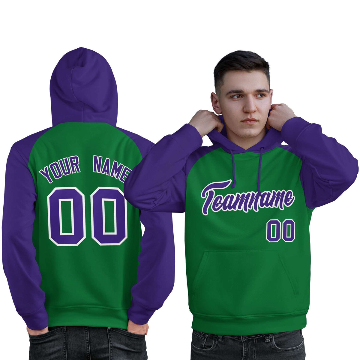 Custom Stitched Kelly Green Purple Raglan Sleeves Sports Pullover Sweatshirt Hoodie For Men| KXKSHOP