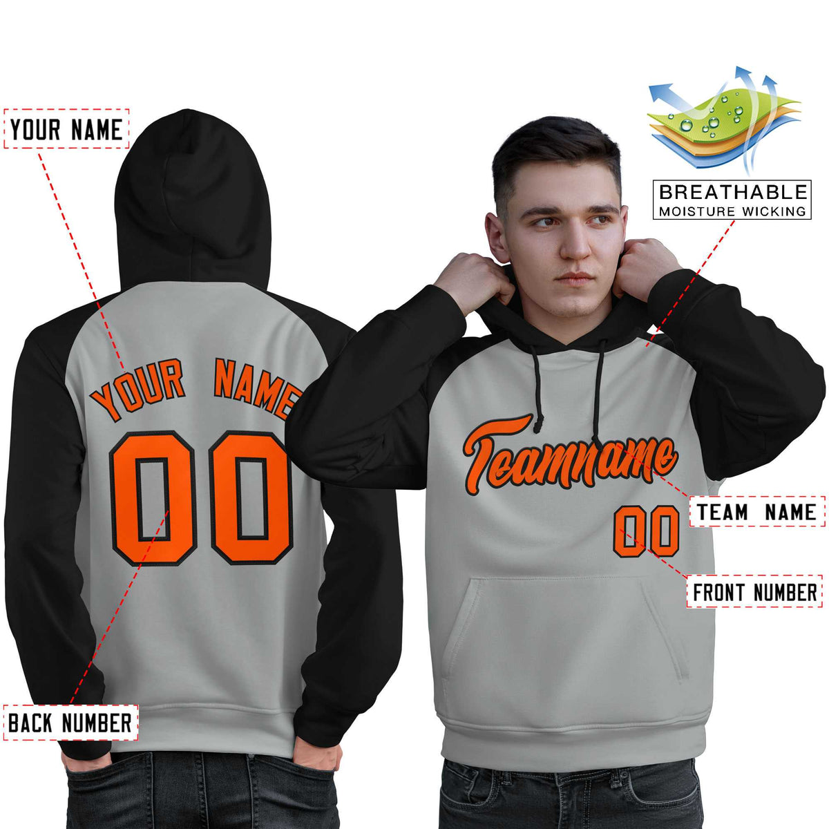 Custom Stitched Gray Black-Orange Raglan Sleeves Sports Pullover Sweatshirt Hoodie For Men| KXKSHOP
