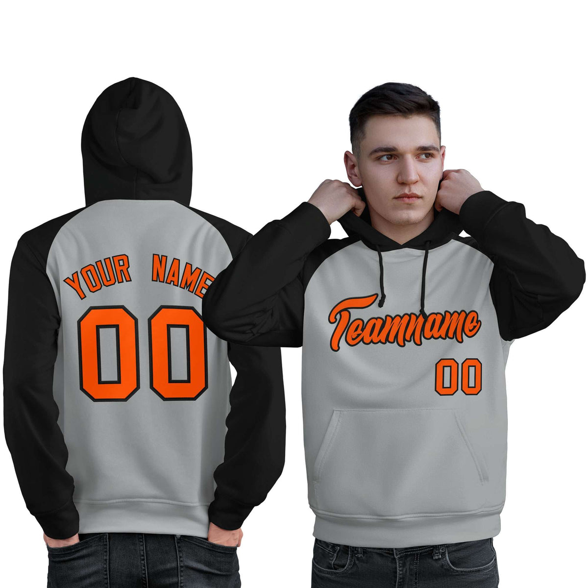 Custom Stitched Gray Black-Orange Raglan Sleeves Sports Pullover Sweatshirt Hoodie For Men| KXKSHOP