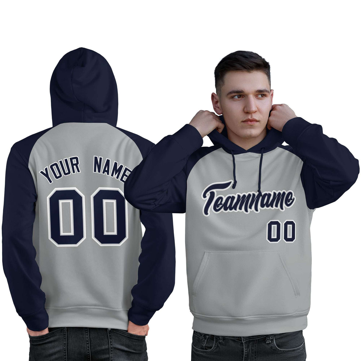 Custom Stitched Gray Navy Raglan Sleeves Sports Pullover Sweatshirt Hoodie For Men| KXKSHOP