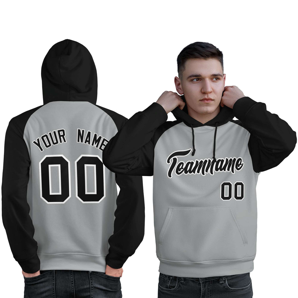 Custom Stitched Gray Black Raglan Sleeves Sports Pullover Sweatshirt Hoodie For Men| KXKSHOP