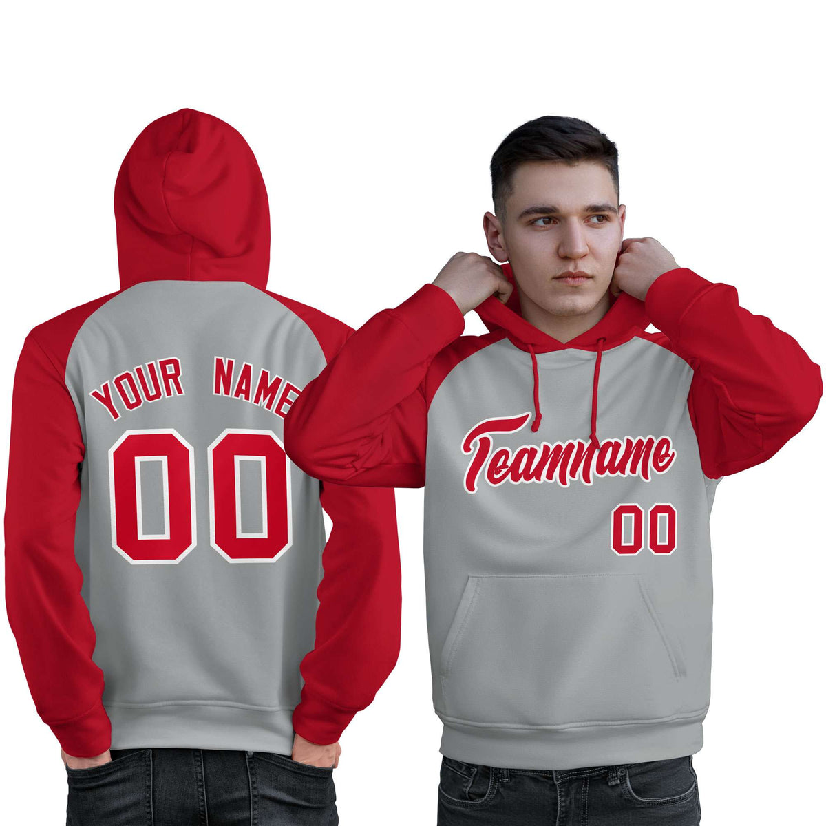 Custom Stitched Gray Red Raglan Sleeves Sports Pullover Sweatshirt Hoodie For Men| KXKSHOP
