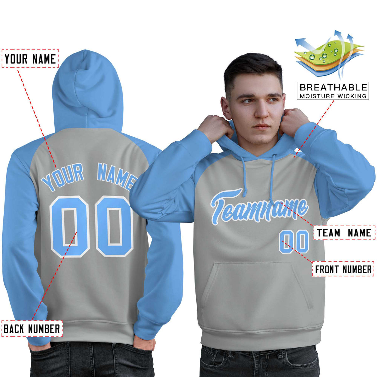 Custom Stitched Gray Powder Blue Raglan Sleeves Sports Pullover Sweatshirt Hoodie For Men| KXKSHOP