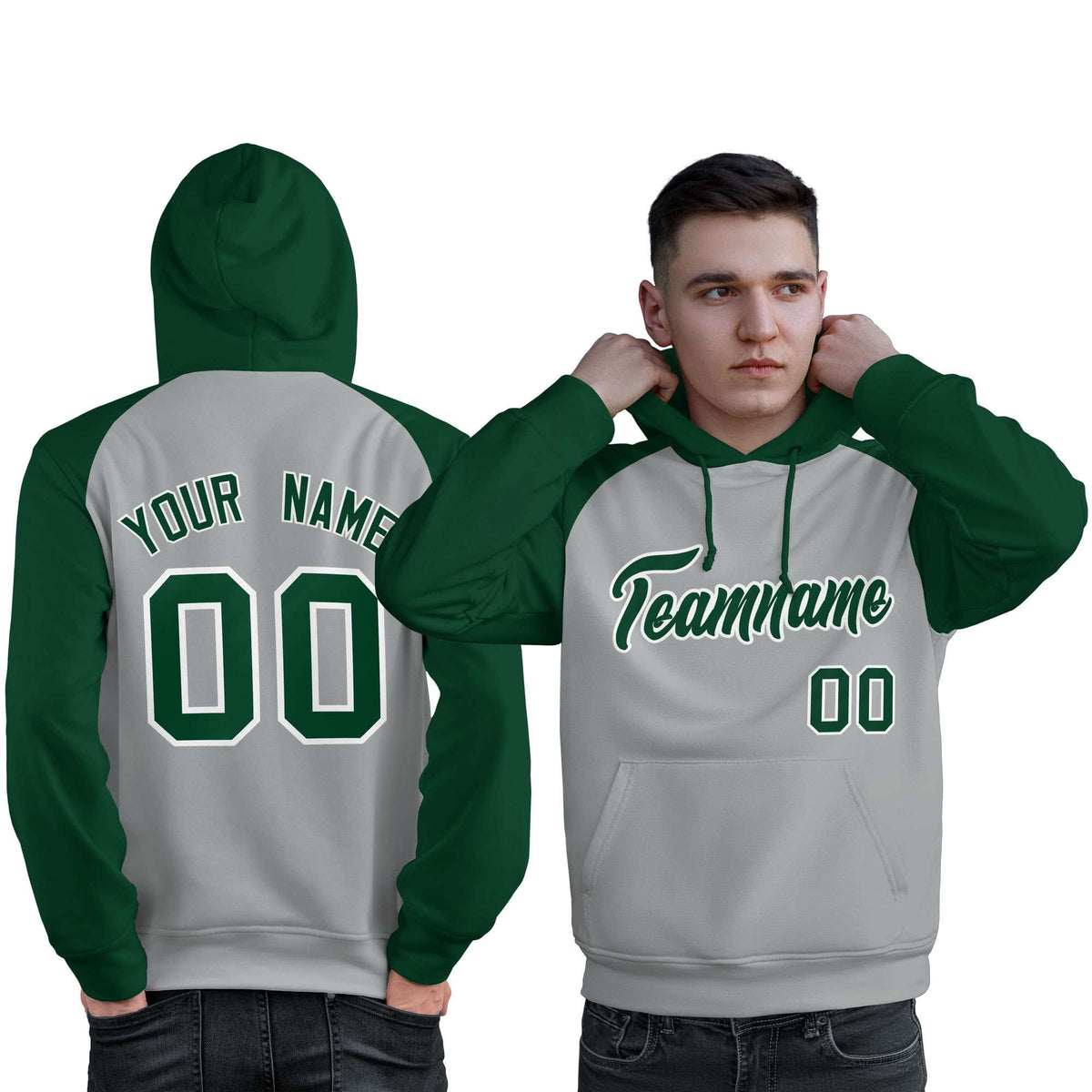 Custom Stitched Gray Green Raglan Sleeves Sports Pullover Sweatshirt Hoodie For Men| KXKSHOP