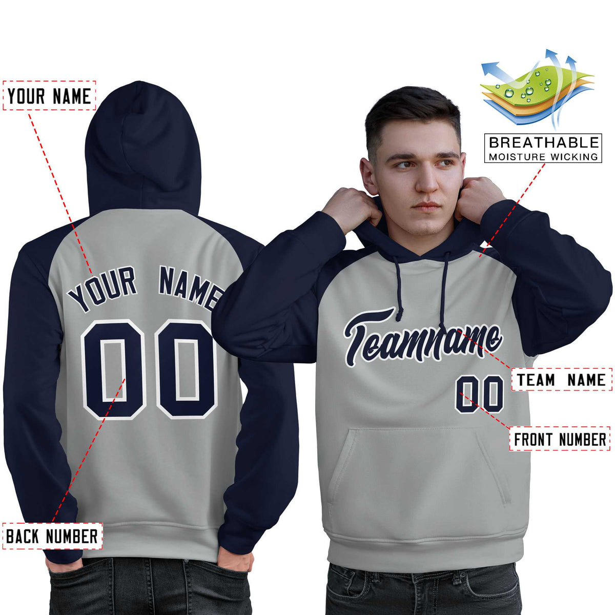 Custom Stitched Gray Navy Raglan Sleeves Sports Pullover Sweatshirt Hoodie For Men| KXKSHOP