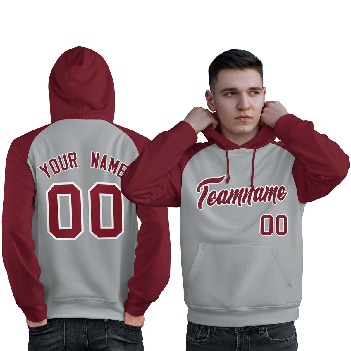 Custom Stitched Gray Crimson Raglan Sleeves Sports Pullover Sweatshirt Hoodie For Men| KXKSHOP