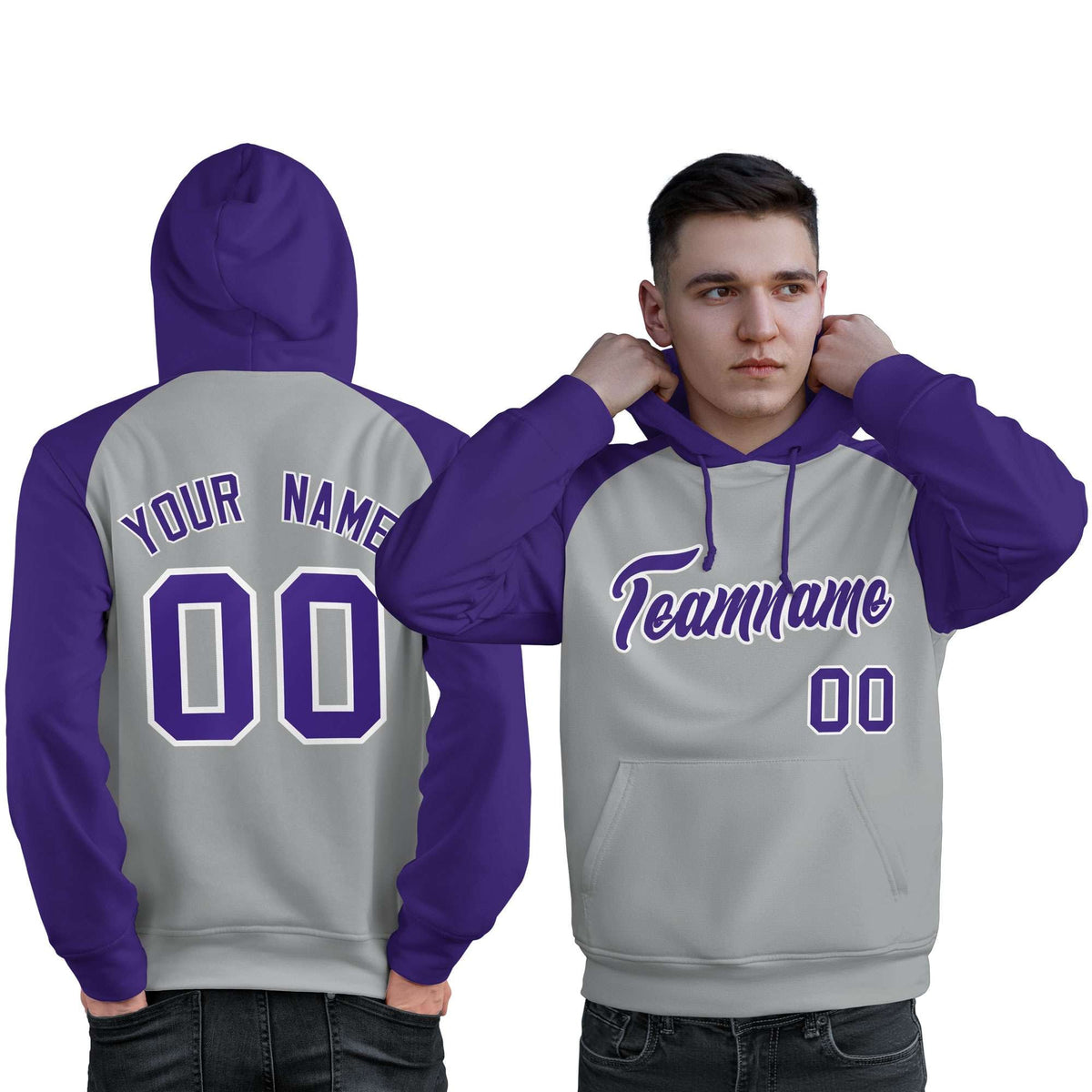 Custom Stitched Gray Purple Raglan Sleeves Sports Pullover Sweatshirt Hoodie For Men| KXKSHOP