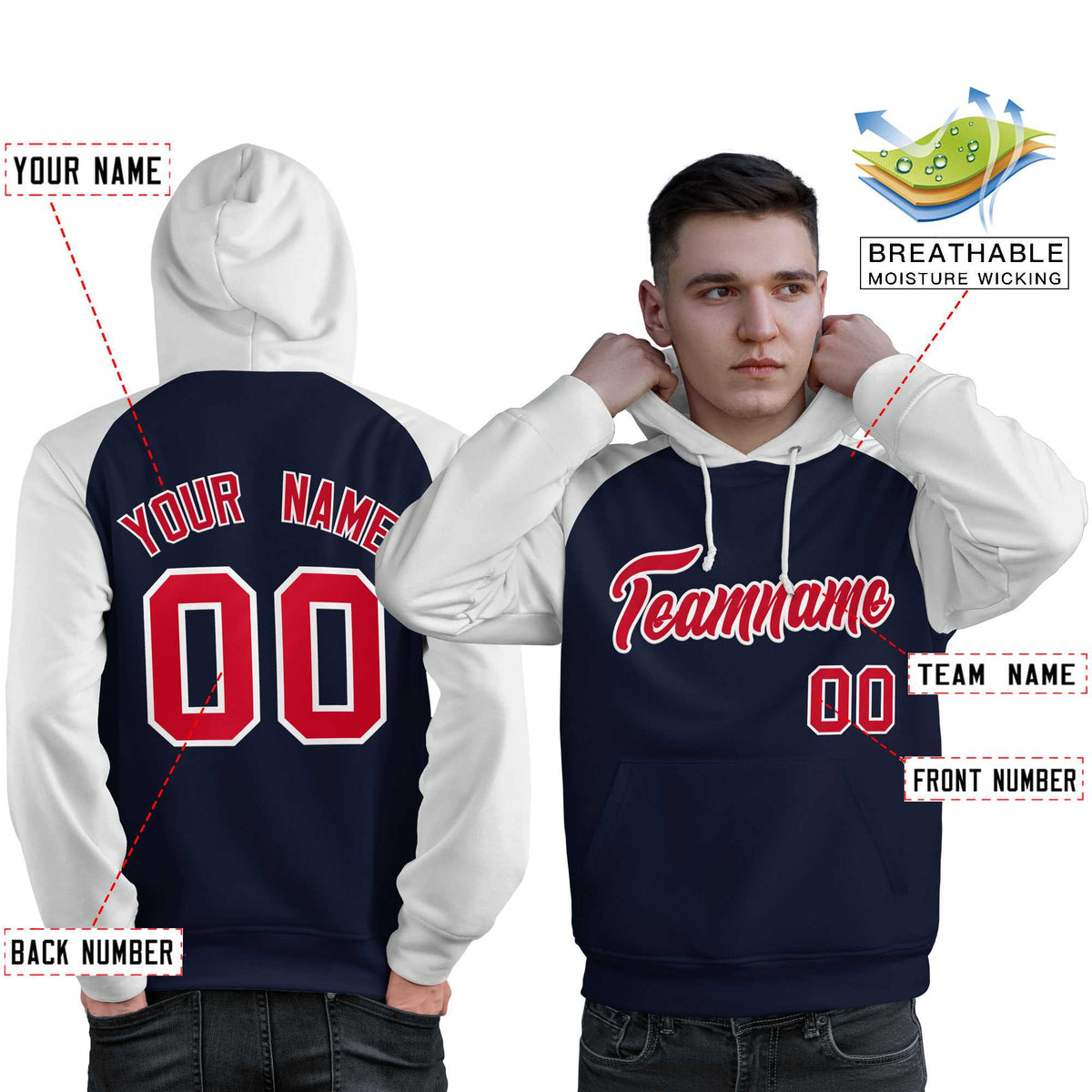 Custom Stitched Navy White-Red Raglan Sleeves Sports Pullover Sweatshirt Hoodie For Men| KXKSHOP